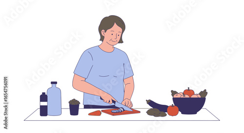 Woman preparing healthy meal with fresh ingredients in modern kitchen setting for delicious food