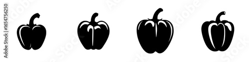 Multiple black bell pepper silhouettes set against a white background showcasing different shapes and sizes for graphic design use