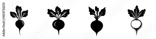 Black silhouette illustrations of radishes showcasing different angles and shapes in a minimalist design style