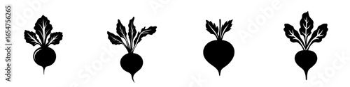Different silhouettes of radishes with green leaves displayed on a white background showcasing vegetable art design