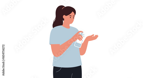 Woman sanitizing hands with spray bottle, promoting hygiene and health in daily life