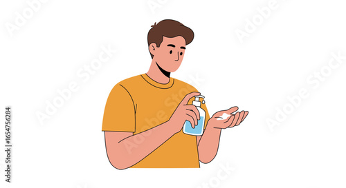 Man dispensing hand sanitizer for hygiene, preventing illness and staying healthy in a modern world
