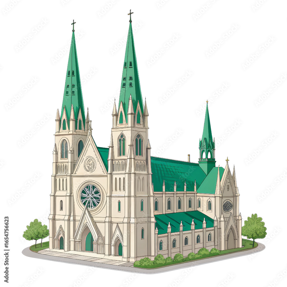 Fototapeta premium Isometric Cathedral Illustration, Isolated on Transparent Background, Church Building, Religious Architecture, Cathedral, Gothic, Isometric