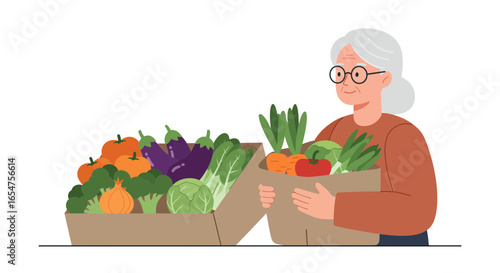 Smiling senior woman carrying fresh, organic vegetables from the farmers market for healthy eating