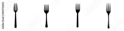 Four different fork silhouettes arranged symmetrically on a white background showing variations in design and size
