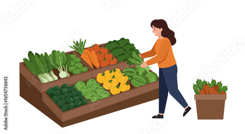 Woman selecting fresh organic vegetables at farmers market, promoting healthy eating and lifestyle
