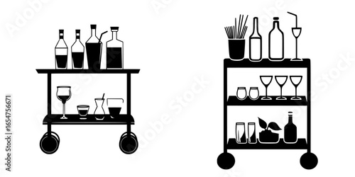 Elegant beverage carts displaying assorted drinks and mixers for social gatherings in a vibrant setting