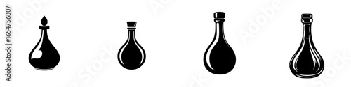 Various shapes of dark glass bottles displayed together in a row showcasing unique designs and silhouettes in a minimalistic style
