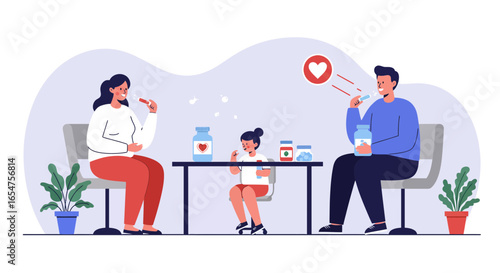 Family taking medicine together, promoting health, wellness, and positive care at home.