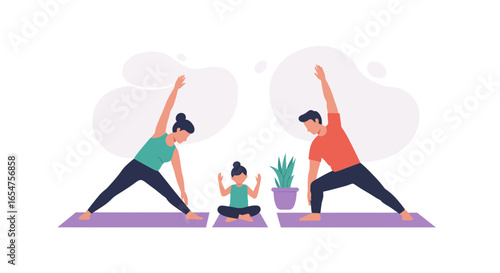 Family practices yoga together, creating health and wellness through mindful exercises