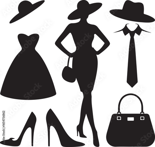 Fashion silhouettes including dresses, hats, shoes, tie and handbags on white background style woman