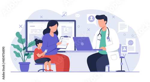 Family doctor appointment with mother and child for check up and medical consultation