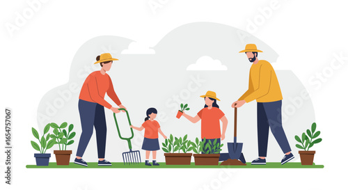Family gardening together planting new plants in the garden on a sunny day, joy & growth