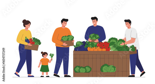 Family shopping for fresh produce together at farmers market, choosing healthy food options
