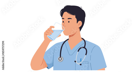 Medical professional staying hydrated while on duty drinking water, healthcare concept