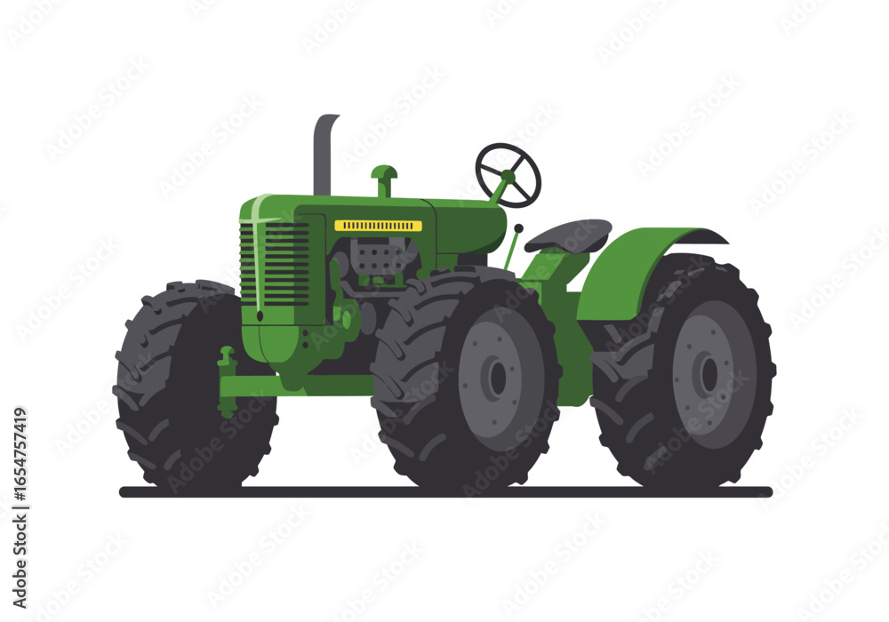 Obraz premium A green tractor with large black tires and a black steering wheel