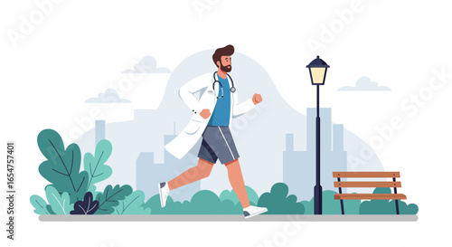 Doctor jogging outdoors in the park, promoting health, wellness, and medical lifestyle