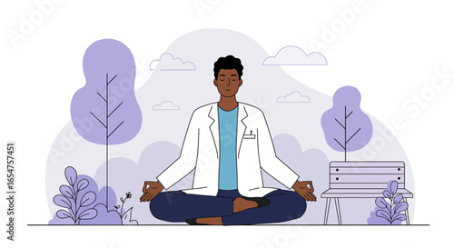 Doctor meditates in serene garden setting, promoting wellness and mental health practices