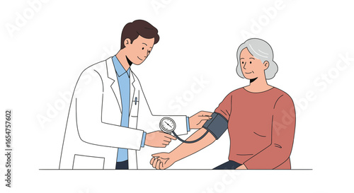 Doctor checking senior patient's blood pressure in a professional medical examination setting