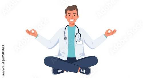 Relaxed doctor meditating in lotus position, promoting mental wellness and health