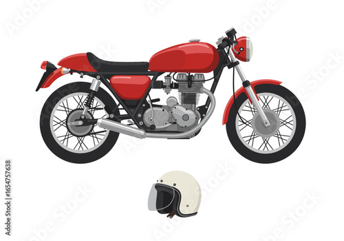 Red motorcycle with silver engine  chrome details white helmet below against a white background