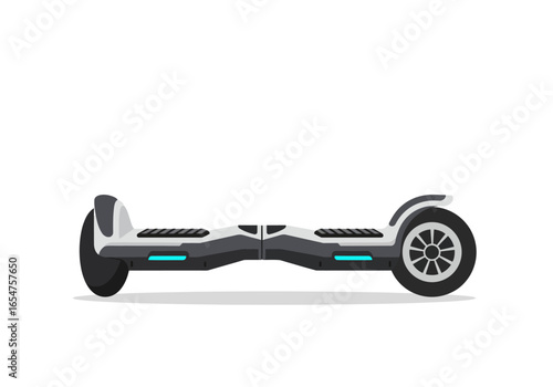 Side view of a hoverboard with a black tire and white body