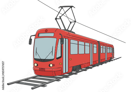 Red tram on tracks with overhead power lines gray and white