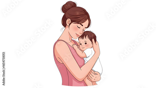 Mother holding baby clip art illustration for motherhood and parenting content, vector image style 2d art on transparent background
