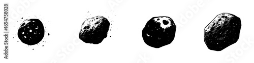 Illustration of various asteroids showcasing different shapes and textures in a cosmic environment