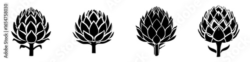 Artistic representation of artichoke plants displayed in a row suitable for culinary or botanical themes