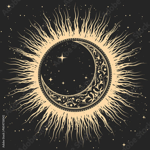 Mystical half-moon covered with ornament inside magic sun, tarot style pattern with occult astrology symbols, vector
