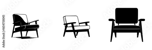 Modern armchair designs displayed in three variations highlighting clean lines and minimalist aesthetics