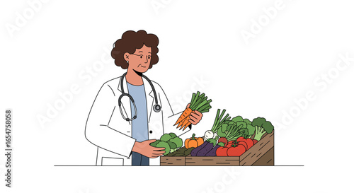 Doctor with fresh produce offering healthy eating advice and promoting wellness and nutrition