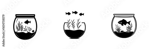 Unique designs of fish bowls showcasing different aquatic plants and fish in minimalist style
