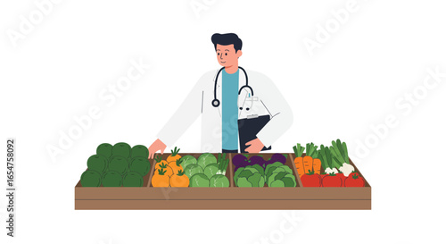 Doctor with fresh produce selection, promoting healthy eating and wellness in a vibrant setting