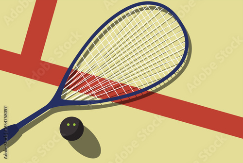 Squash game racket and ball lies on squash court, view from above, sport poster, vector