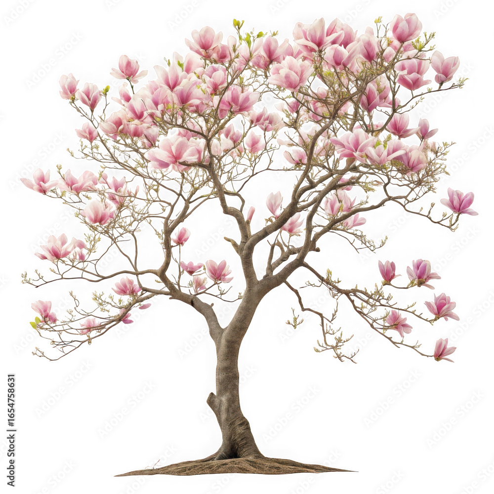 A beautiful pink magnolia tree in full bloom against a black background A beautiful pink magnolia tree in full bloom against a black background