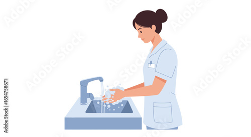 Dedicated nurse washing hands thoroughly for hygiene, maintaining pristine sanitation in a clinic setting