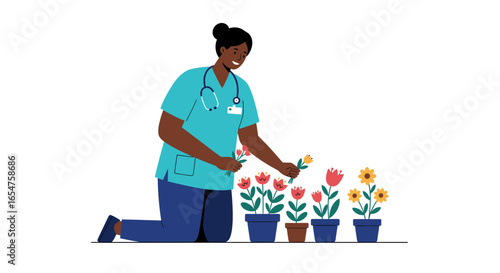 Caring nurse tending to her garden of vibrant tulips and sunflowers brings joy and serenity