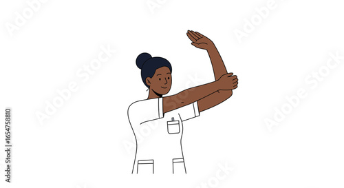 Friendly nurse demonstrating safe stretching exercises for workplace wellness, promoting health and flexibility