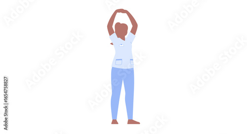 Relaxed nurse stretching arms overhead, promoting wellness and stress relief in healthcare profession