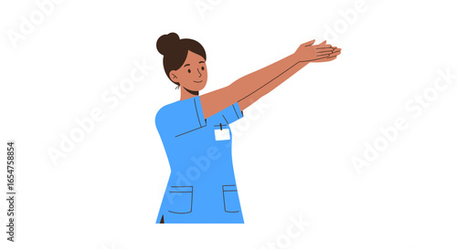 Cheerful nurse guiding stretching exercise for patient wellness, vector art, healthcare professional, modern design
