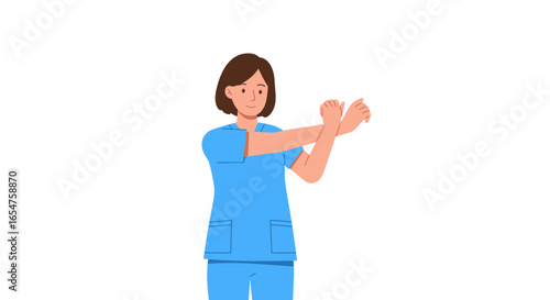 Nurse stretching arms in blue scrubs, ready for a busy shift providing caring healthcare today