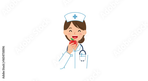 Happy nurse enjoying a healthy red apple snack, promoting wellness and nutrition in healthcare profession