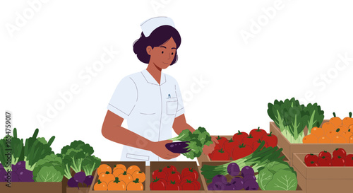 Caring nurse shops for fresh produce at the market selecting healthy food for patients' wellbeing