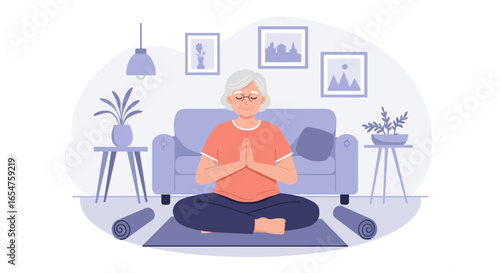Senior woman practicing yoga at home for wellness, balance, and mindfulness in peaceful living room