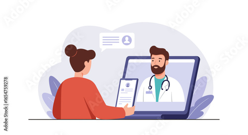 Virtual doctor visit with caring bearded physician offering telehealth consultation online now on laptop