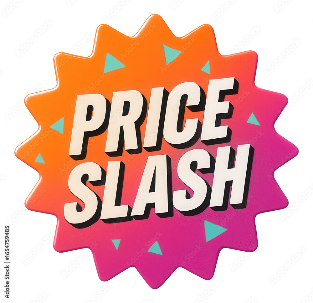 Fototapeta premium Vibrant starburst sticker with PRICE SLASH text in bold lettering, compelling retail discount promo on transparent background.