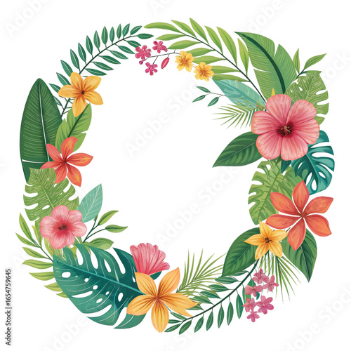 Tropical Floral Wreath Circle Composition, Isolated on Transparent Background, Summer Design, Floral Wreath, Tropical Flowers, Transparent Background