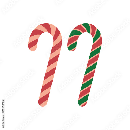 Colorful striped Christmas candy canes in red, pink, and green, festive sweet holiday treat symbol, traditional winter dessert icon on white background..